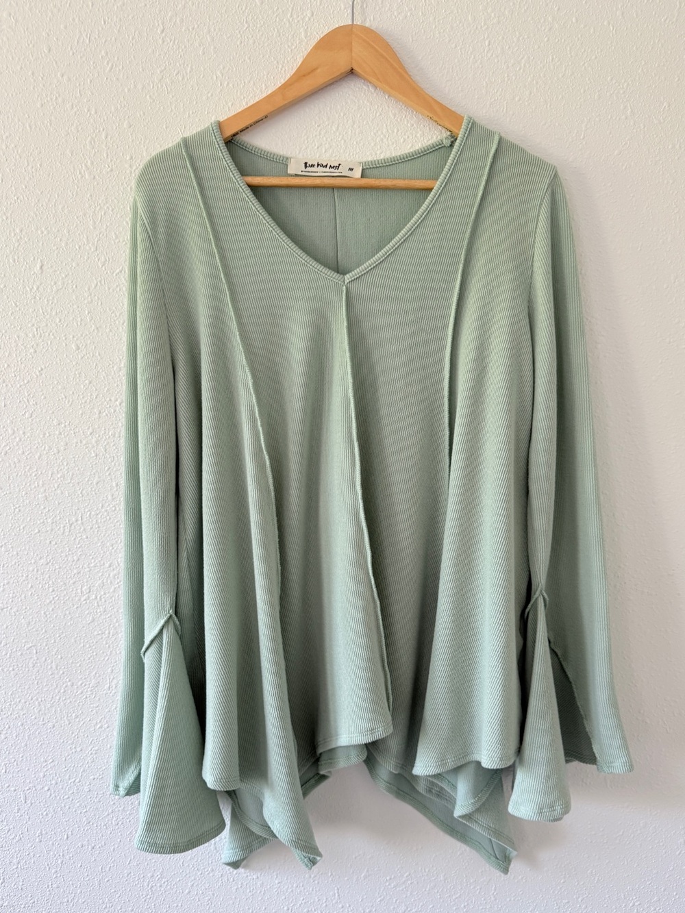 Three Bird Nest Golden Hour Bell Sleeve Top Size M Sage Boho V-Neck Ribbed